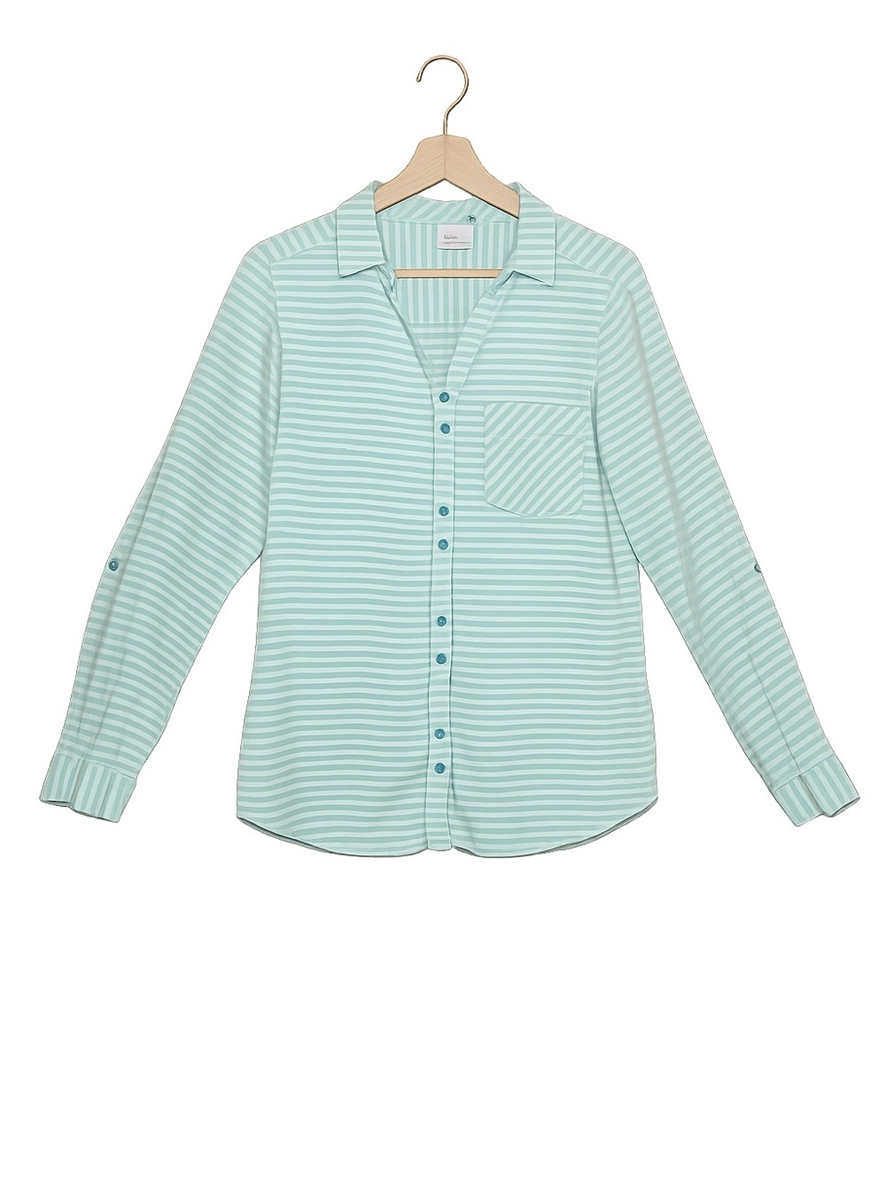Columbia Women's Mint Green Striped Button-Down Shirt | Roll-Tab Sleeves - Picture 2 of 13